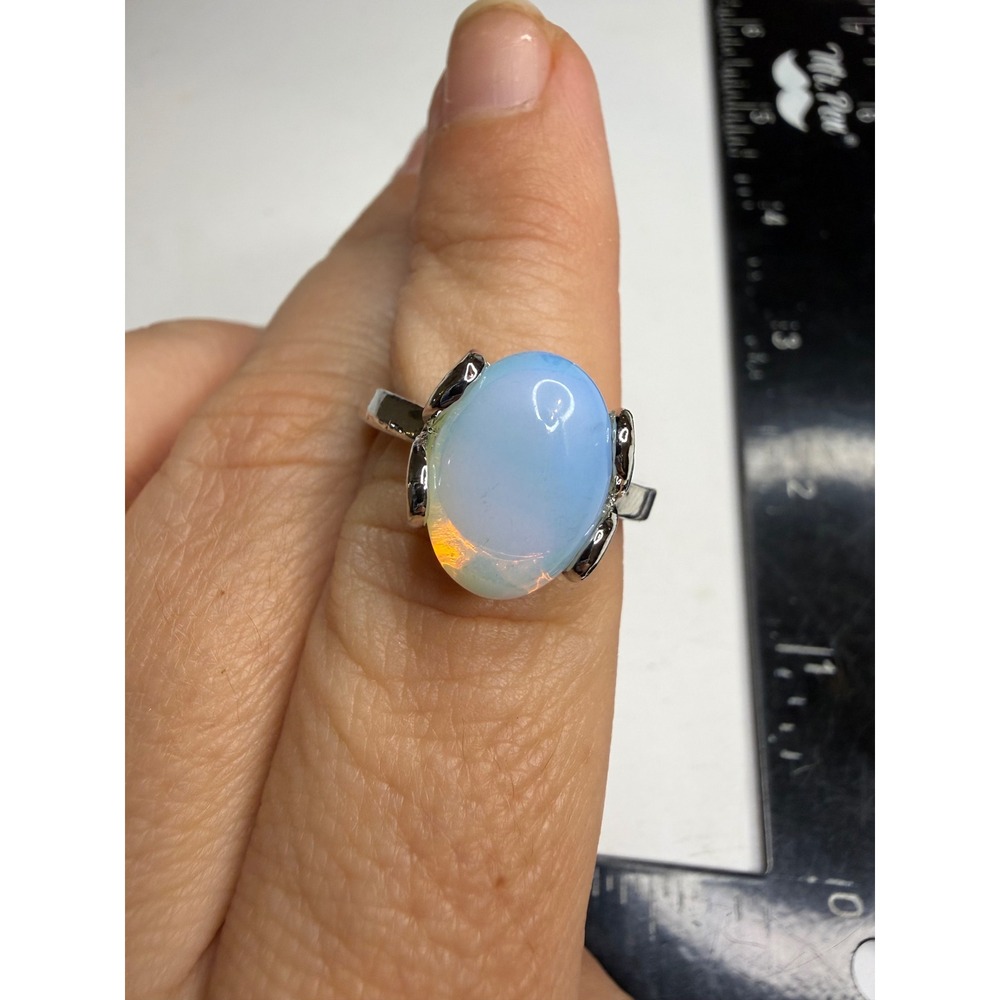 Silver Tone Oval Opalite Statement Ring Size 8.25 Scroll Detail Stone Ring